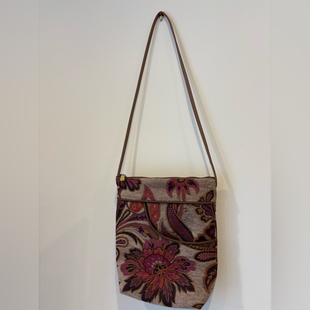 Danny Kaplan Brown and Pink Crossbody Bag with Floral Design